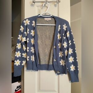 Blue Cardigan with White and Yellow Flowers